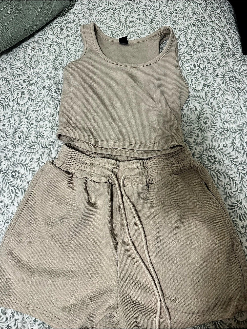 Ribbed Tank & Shorts Set in Beige